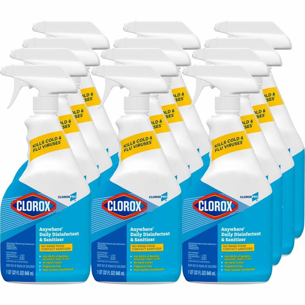 CLO01698CT - CloroxPro Anywhere Daily Disinfectant and Sanitizer is designed to disinfect hard, nonporous and food-contact surfaces. Certified by NSF, it kills cold and flu viruses (Human Coronavirus, Influenza Virus, Rhinovirus, Canine Parvovirus) and 99.9 percent of bacteria, including salmonella, staph and E. coli. As a hypochlorous acid-based formula, the cleaner is tough on bacteria yet mild enough to use around children, pets and food, thanks to its low odor and no residue. It allows you to sanitize without rinsing, leaving only the clean smell behind. This Clorox spray comes in a trigger spray bottle and is well-suited for commercial spaces like hospitals, public restrooms, daycare centers, hotels, kennels, institutional kitchens, laundry rooms, offices and schools.