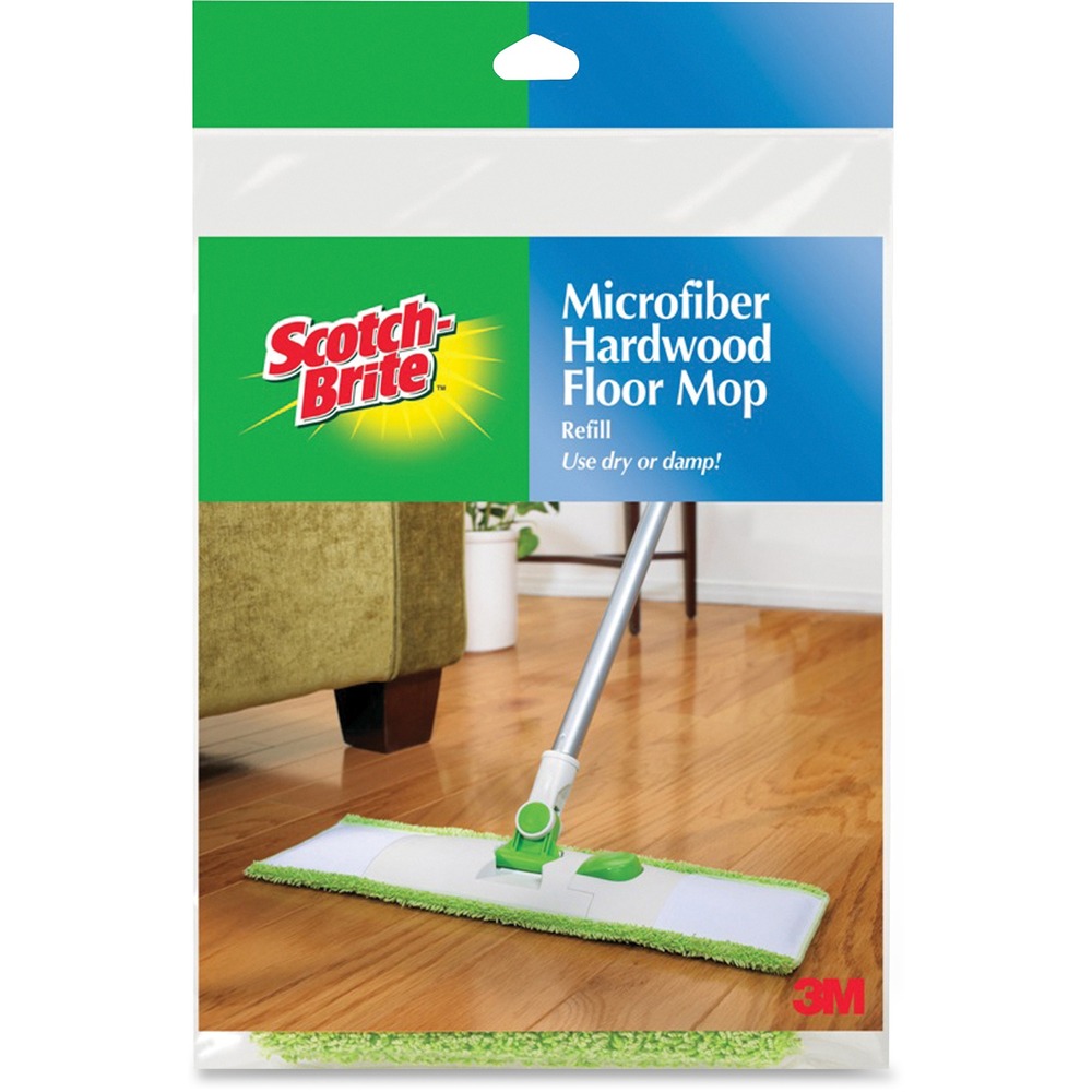 MMMM005RCT - Scotch-Brite Hardwood Floor Mop features a microfiber head that cleans all hard floor surfaces, trapping and lifting dust and dirt. Ideal for vinyl and tile floors too. Reusable head is machine-washable. Mop cleans large areas and is easy to use - damp or dry. Refill is sold separately.