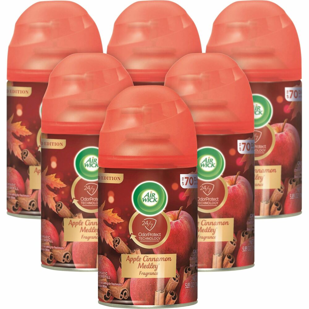 RAC78283CT - Apple cinnamon refill captures the warmth of sweet and spicy notes on a crisp autumn day for an enjoyable way to please your employees and guests. Odor-neutralizing spray tracks down unpleasant odors to eliminate foul smells and prevent them from returning. Long-lasting design provides up to 70 days of continuous fragrance when used on the low setting. Air freshener is perfect for use in hotels, healthcare facilities, nursing homes, office buildings, restrooms and more. Refill is designed for use with Air Wick Freshmatic automatic dispensers (not included).