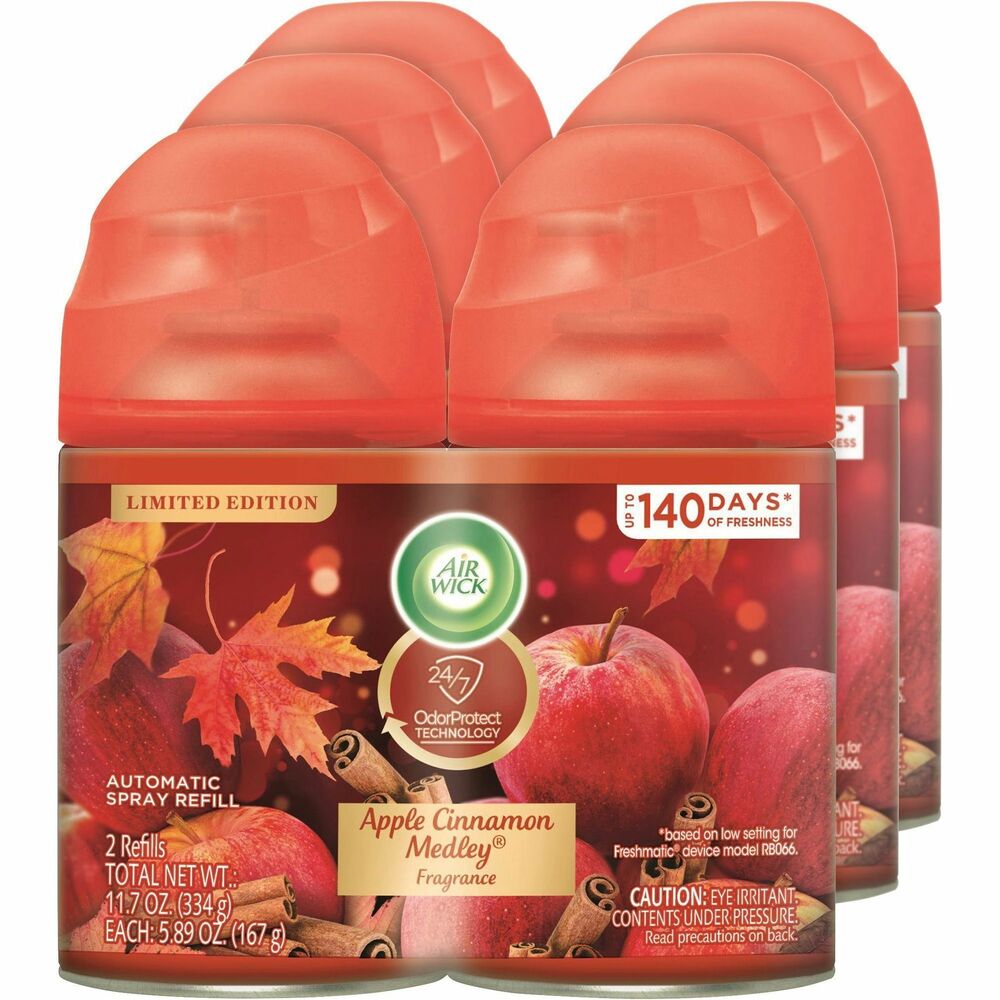 RAC82680CT - Apple cinnamon refill captures the warmth of sweet and spicy notes on a crisp autumn day for an enjoyable way to please your employees and guests. Odor-neutralizing spray tracks down unpleasant odors to eliminate foul smells and prevent them from returning. Long-lasting design provides up to 70 days of continuous fragrance when used on the low setting. Air freshener is perfect for use in hotels, healthcare facilities, nursing homes, office buildings, restrooms and more. Refill is designed for use with Air Wick Freshmatic automatic dispensers (not included).