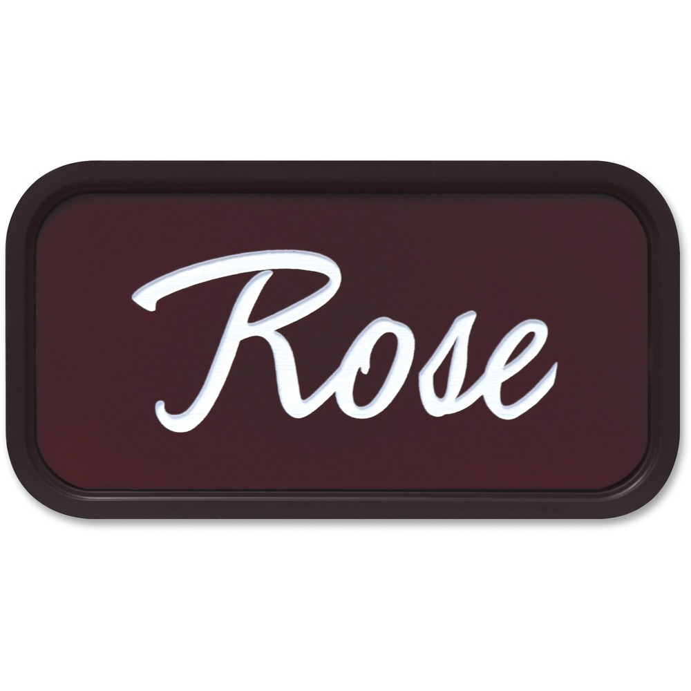 XSTG43 - Designer wall sign with rounded corners is perfect for any modern office environment. It has been engineered as a quality interior sign system so it can be used for a door or a wall. Distinctive professional look is perfect for offices, courthouses, schools and warehouses. Choose from more than 35 fonts and more than 30 plastic insert colors. Contact customer service to customize the plastic, 2" x 4" sign with a brown frame.