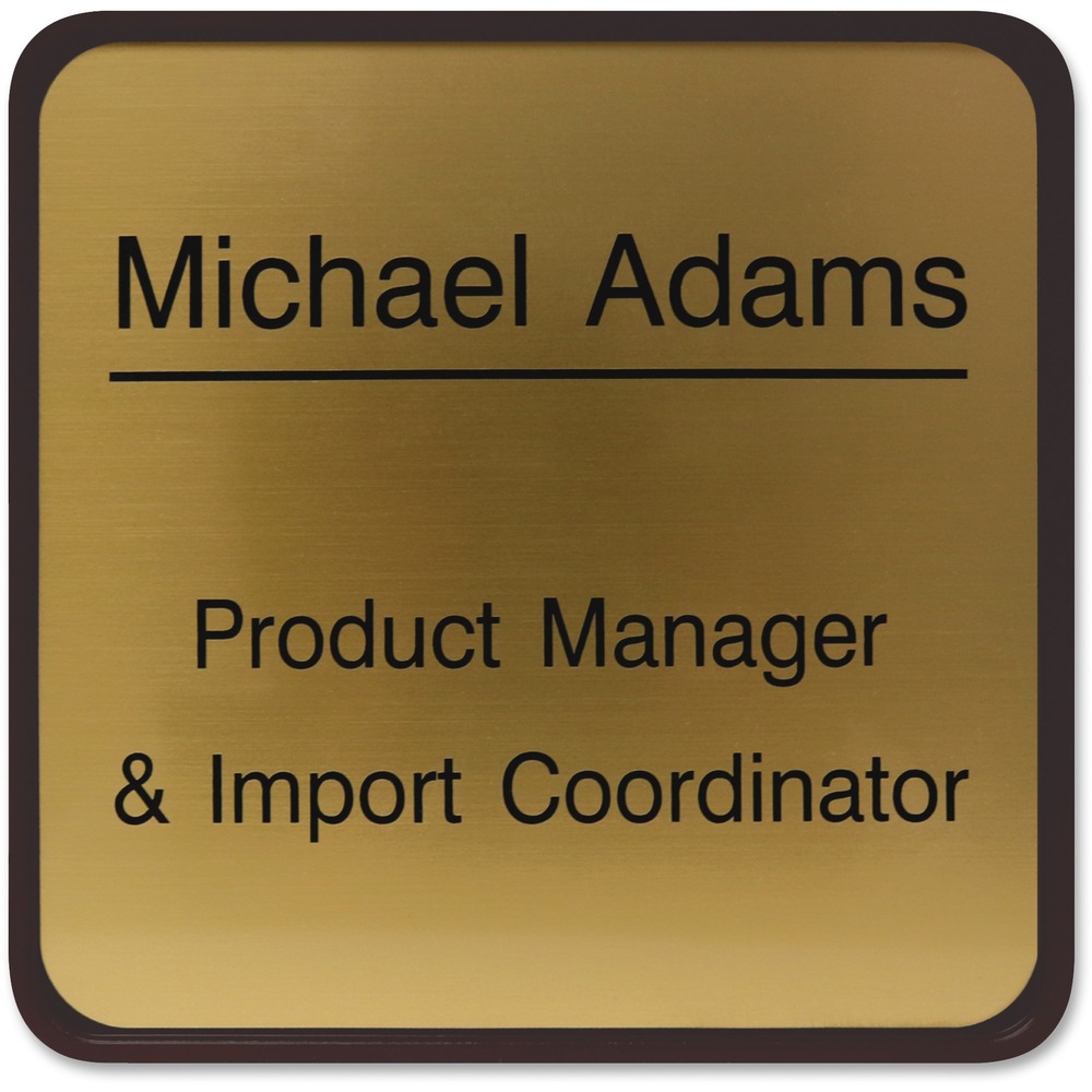 XSTG63 - Designer wall sign with rounded corners is perfect for any modern office environment. It has been engineered as a quality interior sign system so it can be used for a door or a wall. Distinctive professional look is perfect for offices, courthouses, schools and warehouses. Choose from more than 35 fonts and more than 30 sign colors. Contact customer service to customize the plastic, 6" x 6" sign with a brown frame.