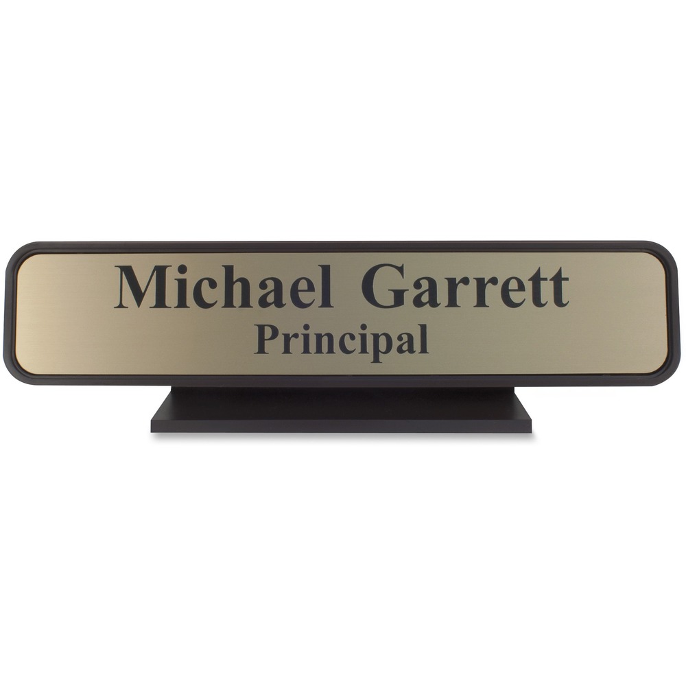 XSTK27 - Designer desk sign is perfect for any front counter or office desk in offices, courthouses, schools and warehouses. High-quality plastic desk sign with rounded corners has been engineered as a quality interior sign system and features a distinctive professional look that matches any modern office environment. Choose from more than 35 fonts and more than 30 plastic insert colors. Contact customer service to customize your desk sign.