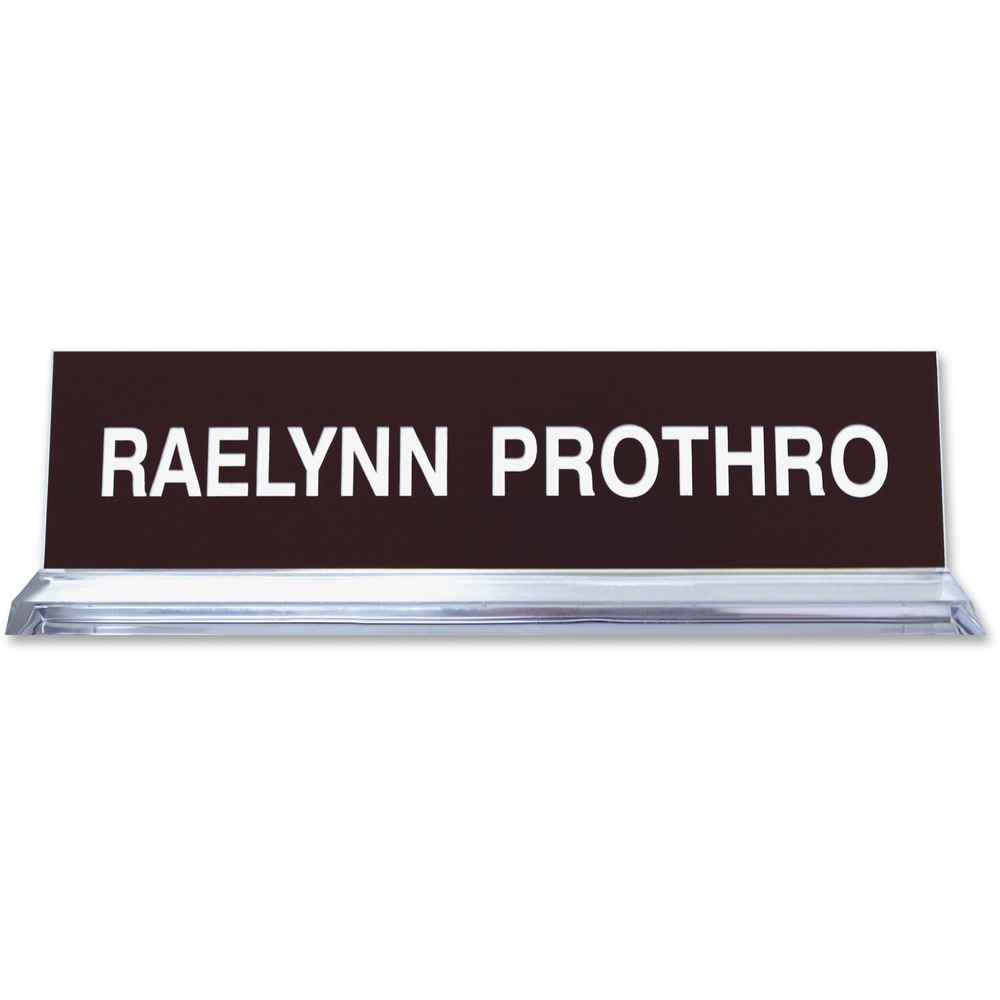 XSTK40 - Desk sign with square corners can show off your name or significant message on countertops and office desks in office, courthouses, schools and warehouses. It comes complete with a sign and clear frame base. Customize the 2" x 8" sign with your choice of more than 35 fonts and 20 varieties of plate colors. Plate can be replaced and is made of high-grade, durable plastic.