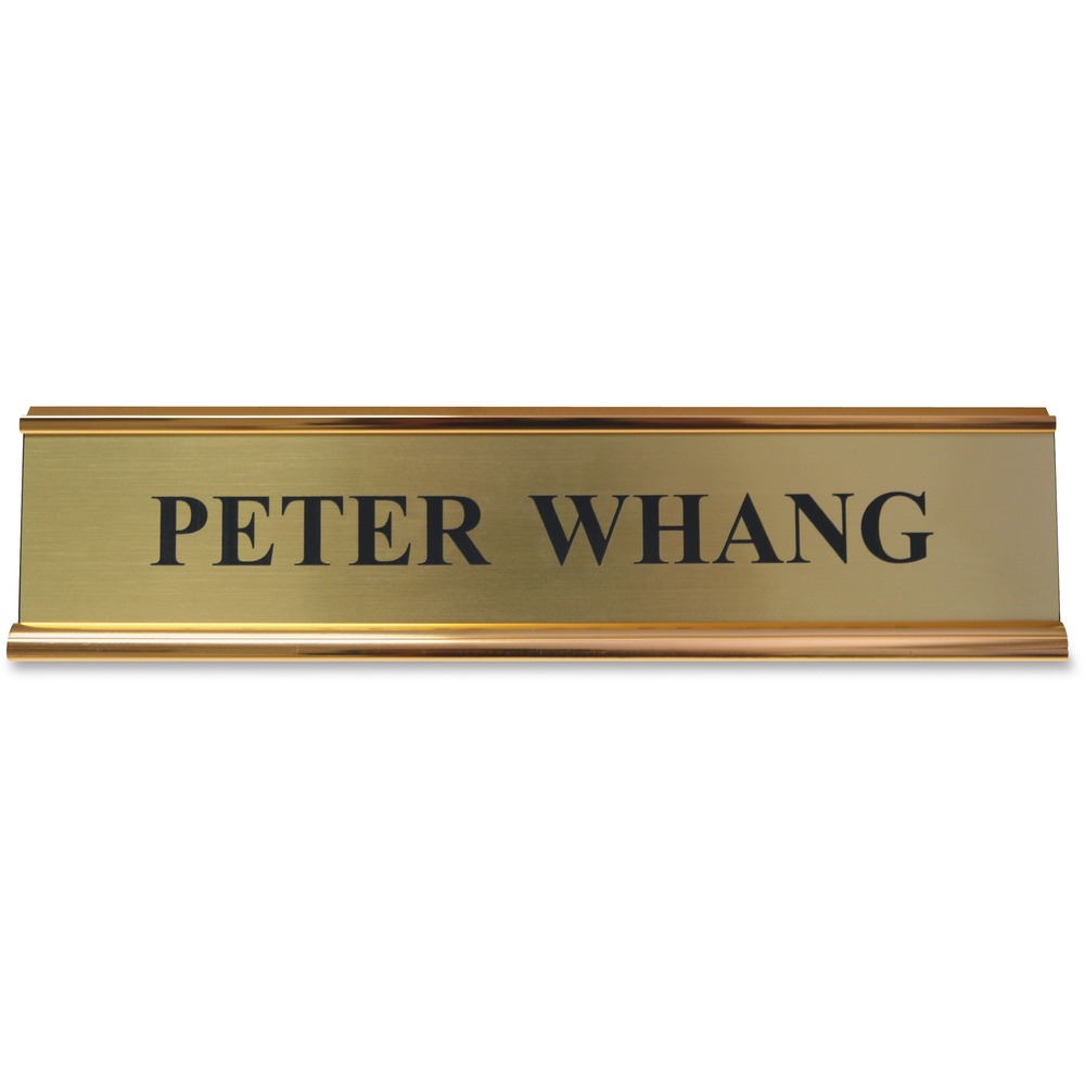 XSTK65 - Double-sided desk sign can show off your name or significant message. It does not need a holder. Instead, its easel style sets up easily on your desk. Choose from more than 35 fonts and more than 30 plastic insert colors. Frame is gold-colored. Contact customer service to customize your anodized aluminum, 2" x 10" sign.