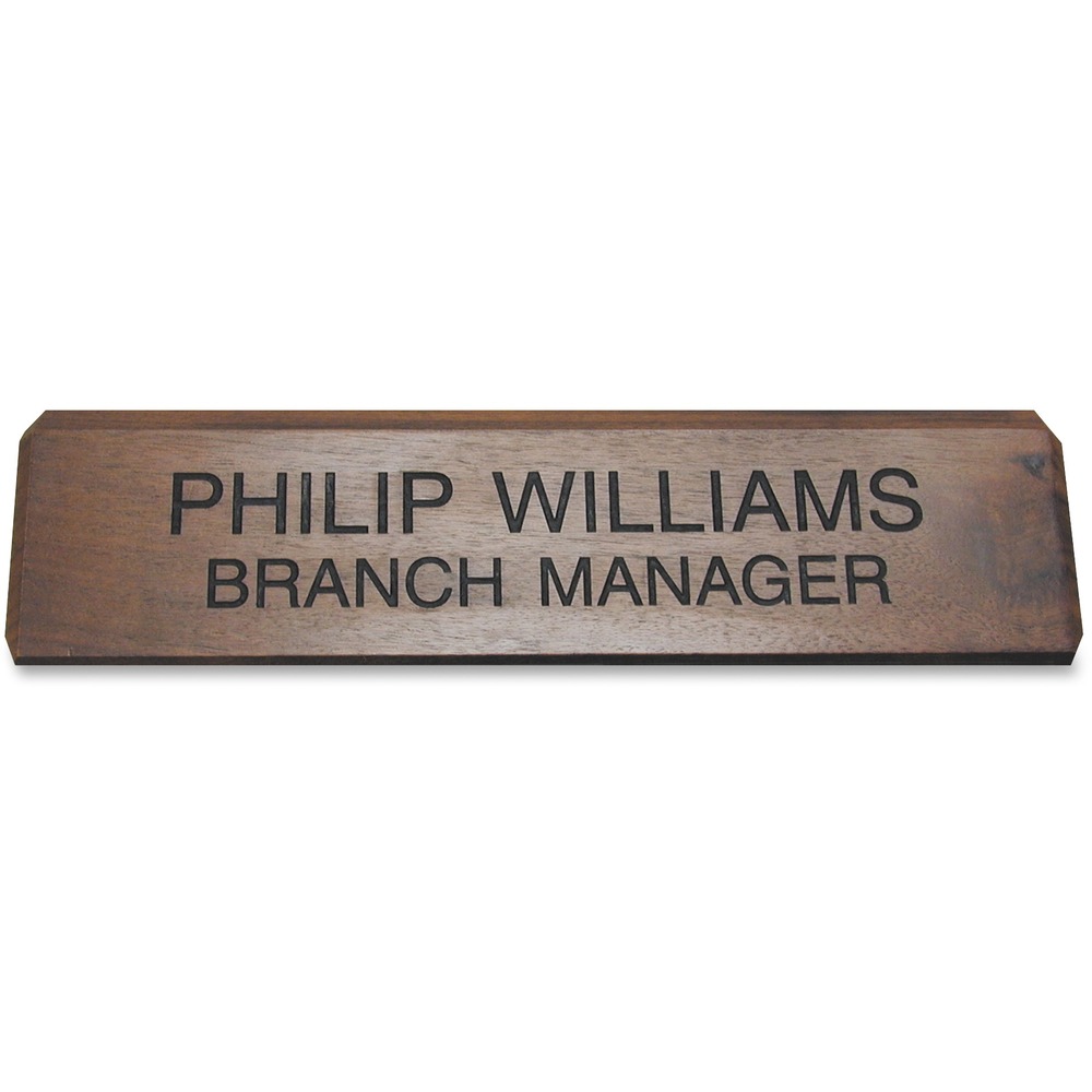 XSTK83 - Display your name in style or important message with this engraved walnut desk sign. Wood is large enough to double as a paperweight. Choose from more than 35 fonts and more than 30 plastic plate colors. Contact customer service to customize your 2" x 10" desk sign.