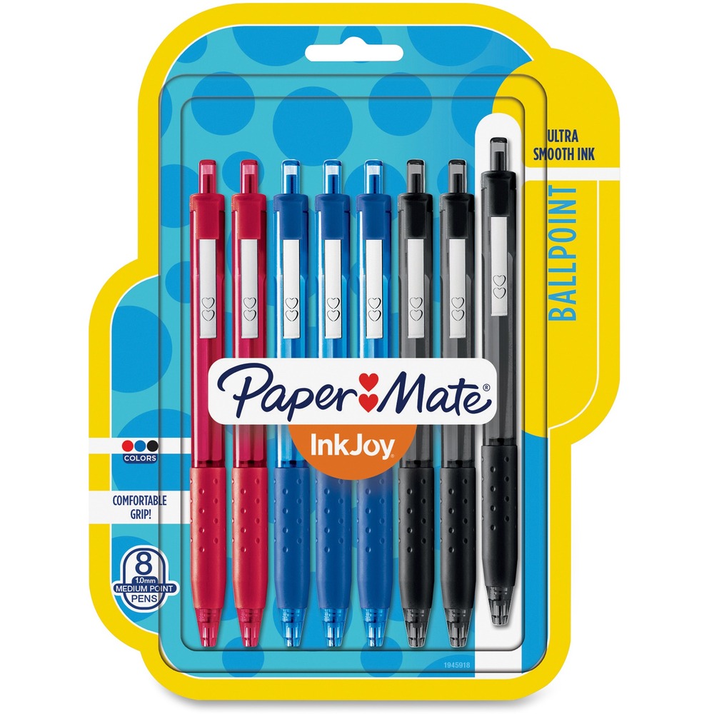 PAP1945918 - Retractable ballpoint pens feature Paper Mate's revolutionary InkJoy writing system for effortless writing. The InkJoy writing system with ultra-smooth, vivid ink starts quickly without dragging, requires minimal pressure from your hand, and delivers crisp, clean lines every time. Extended rubberized grip provides optimal comfort. Retractable design is ready to write with just a click. Metal clip provides long-lasting durability and can be used to attach pen to pockets, notebooks and more. Transparent color-tinted body of the InkJoy 300 RT offers a refreshing look. More from the Manufacturer