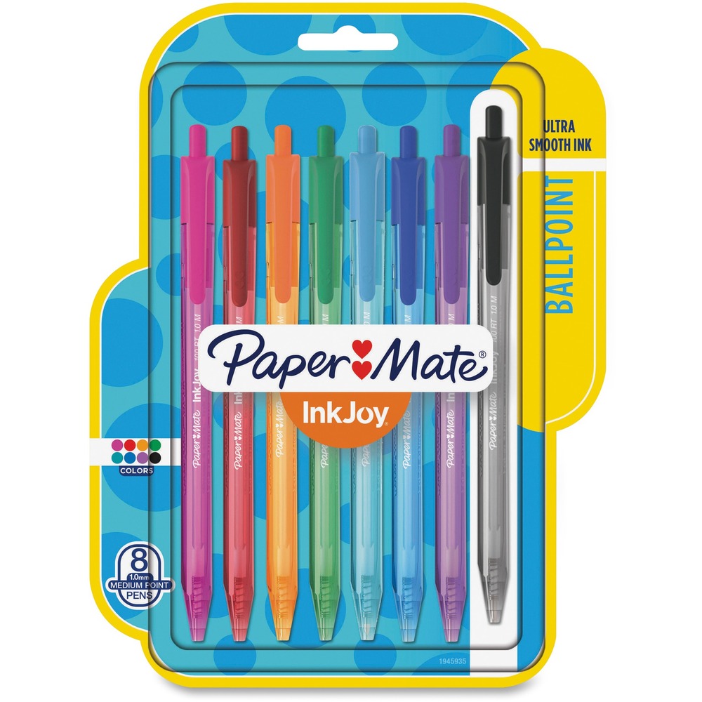 PAP1945935 - Ballpoint pens feature Paper Mate's revolutionary InkJoy writing system for effortless writing. The InkJoy writing system starts quickly without dragging, requires minimal pressure from your hand, and delivers crisp, clean lines every time. Vividly colored ink applies smoothly and dries quickly. Triangular shape of the InkJoy 100 RT delivers comfort. Retractable tip provides convenient protection for your bags and pocket. Transparent, color-tinted body offers a refreshing look. Use the clip on the barrel to attach the pen to pockets, notebooks and more. Ballpoint pen is nonrefillable. More from the Manufacturer