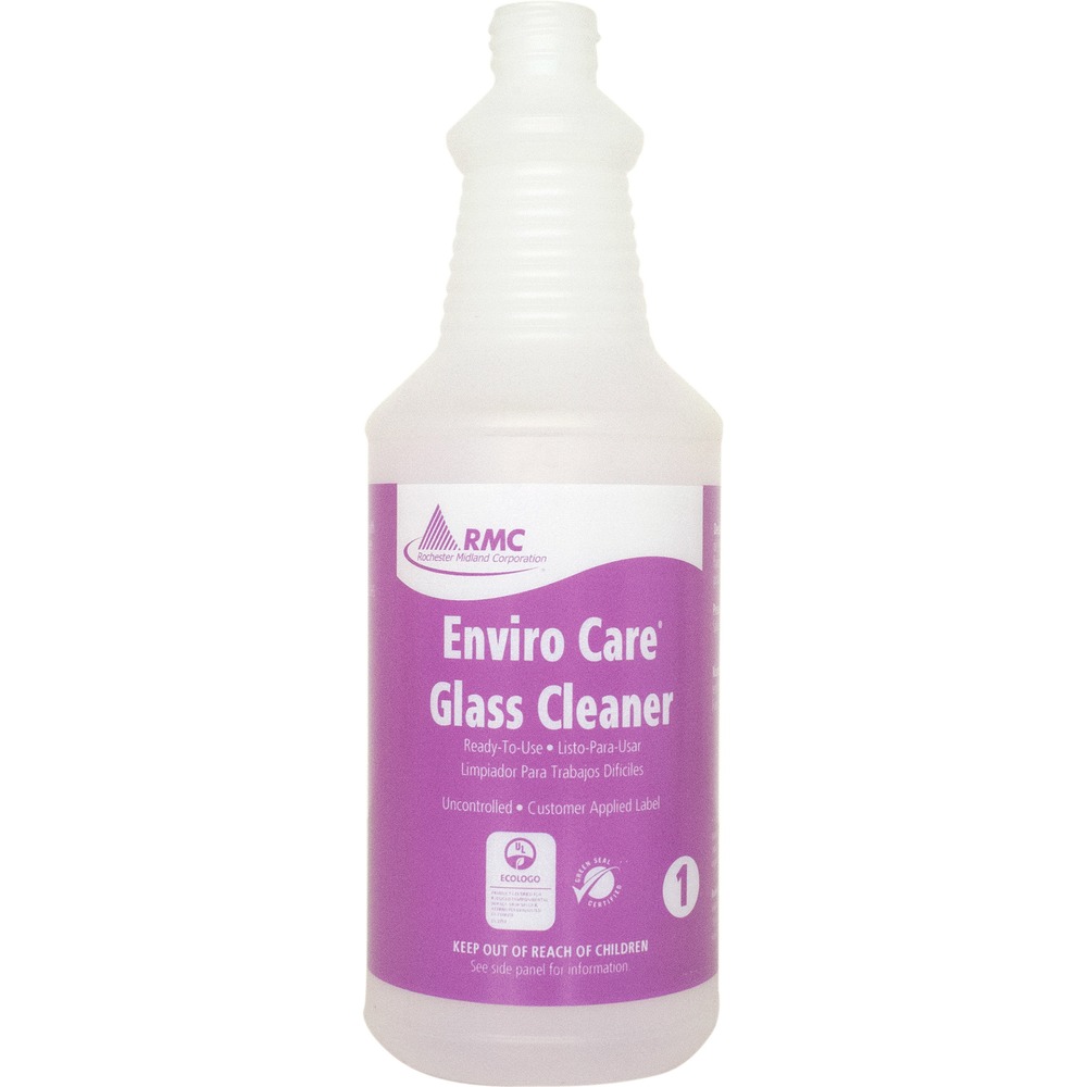 RCM35064373CT - Trigger-spray bottle is designed for use with RMC Enviro Care Glass Cleaner. Empty, silk-screened bottle already has a glass cleaner label around the base and specifies that contents are ready to use. Bottle is made of plastic. Design also includes a ringed neck for easy gripping. Trigger-sprayer top (sold separately) unscrews easily for refilling.