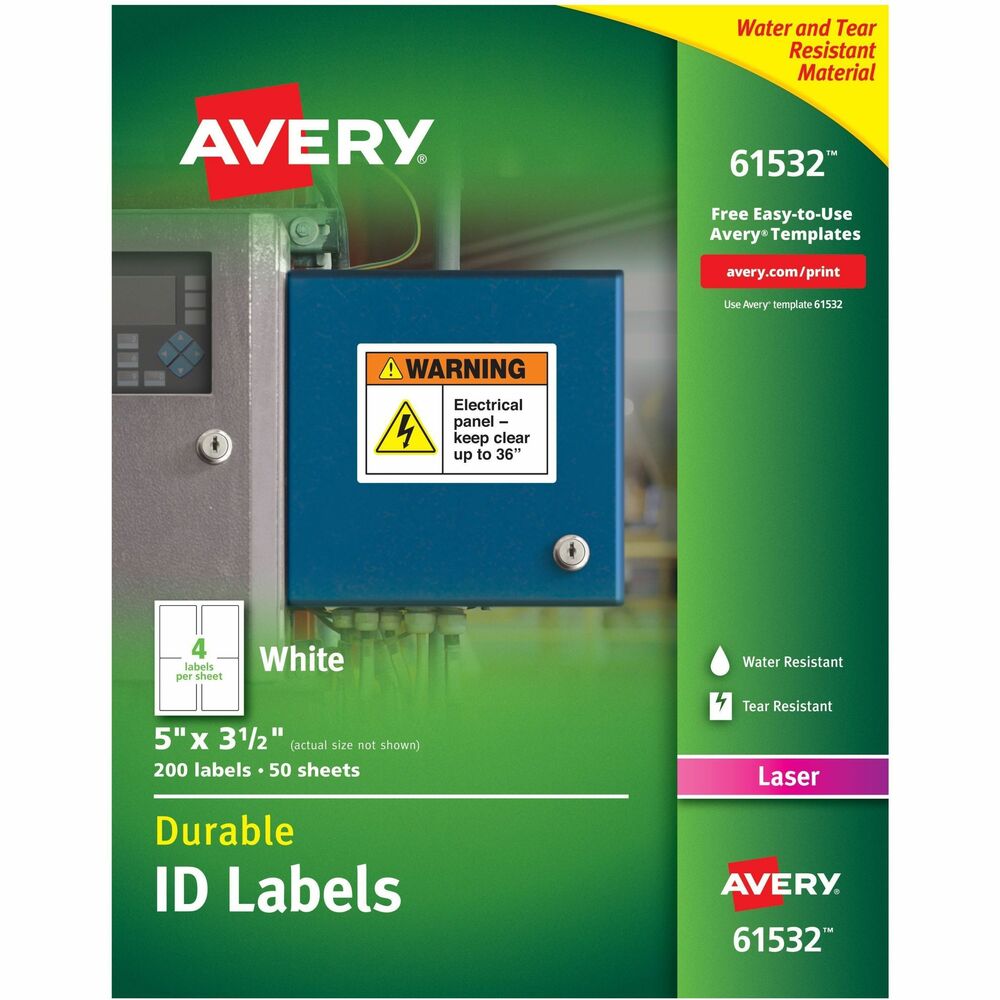 AVE61532 - Identify property, communicate safety and warning messages, and display bar codes with these durable ID labels. TrueBlock Technology completely covers everything underneath so you can relabel items. Extra-aggressive adhesive stays permanently attached so they are ideal for extreme temperatures and high-traffic areas. Labels are made of polyester that is moisture-resistant, scuff-resistant, tear-resistant and smudge-resistant. Easily customize labels with free online templates and designs using Avery Design and Print. Letter-size sheets are compatible with laser printers. Each sheet includes four labels (5" x 3-1/2"). More from the Manufacturer