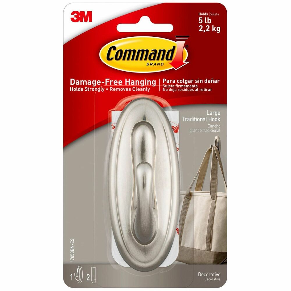 MMM17053BNES - Using the revolutionary Command Adhesive, Command Decorative Hook holds strongly on a variety of surfaces, including paint, wood, tile and more. It also comes off cleanly - no holes, marks, sticky residue or stains - so you can take down and move your Command hooks as often as you like. Reusing this large hook is as easy as applying a Command Refill Strip (sold separately). That means you can take down, move and reuse it again and again. Traditional Metal Hook with brushed nickel finish holds up to 5 lb. More from the Manufacturer
