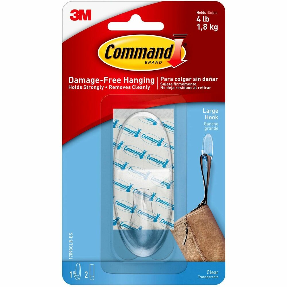 MMM17093CLRES - Forget about nails, screws and tacks for hanging your hat, purse, jacket or whatever you need to hang on a variety of surfaces. Command Clear Hooks are fast and easy to hang on a variety of surfaces. Revolutionary Command Adhesive applies easily and holds strongly on a variety of surfaces, including paint, wood, tile and more. Even with the strong holding power of the stretch adhesive technology, hooks remove cleanly so no holes, marks, sticky residue or stains. Rehanging Command hooks is as easy as applying a replacement Mounting Strip, so you can take them down and reuse them again and again. Clear design blends in seamlessly allowing you to show what matters most, your decor, not how it's hung up. Each large hook holds up to 4 lb. Set includes one hook and two large adhesive strips for damage-free hanging. More from the Manufacturer