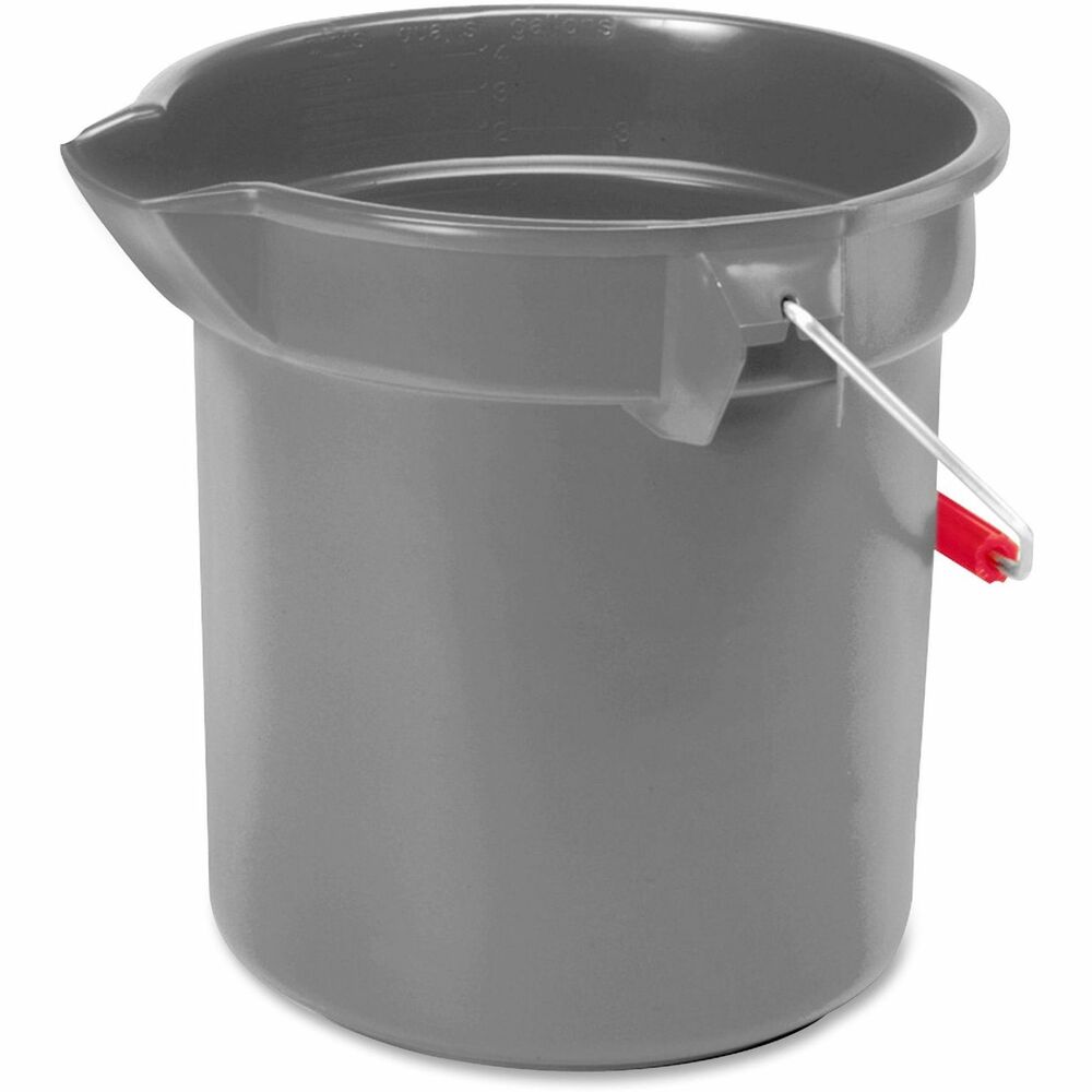 RCP296300GYCT - Utility bucket features heavy-duty, thick wall construction with molded-in gradations for accurate measuring. Nickel/chrome-plated steel handle resists rusting and bending. Thick rim with supporting ribs allows easy no-jam stacking. Button-like attachments keep bails fixed.