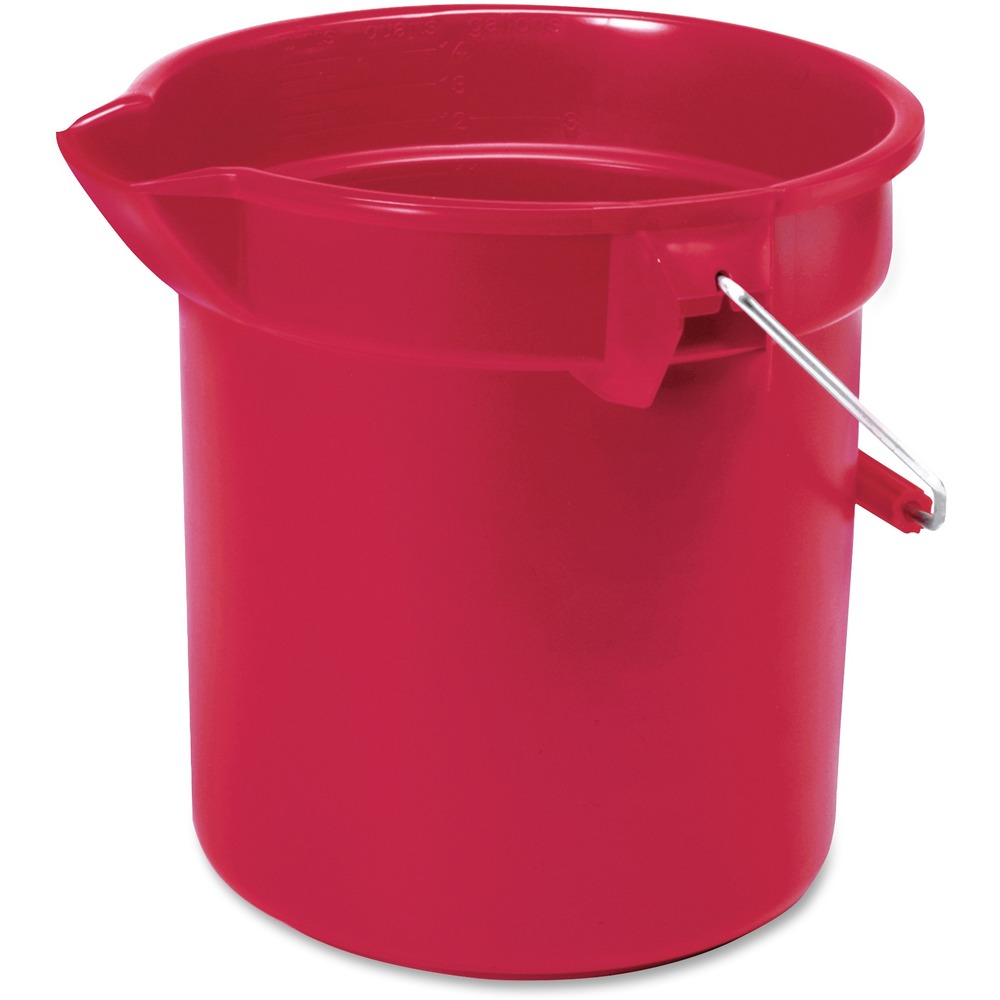 RCP296300RDCT - Utility bucket features heavy-duty, thick wall construction with molded-in gradations for accurate measuring. Nickel/chrome-plated steel handle resists rusting and bending. Thick rim with supporting ribs allows easy no-jam stacking. Button-like attachments keep bails fixed.