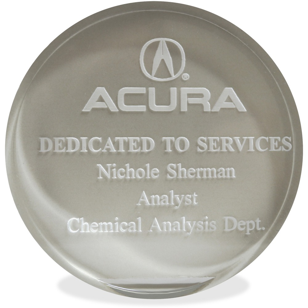 XSTA80 - Honor your recipient with a modern, stylish, laser-engraved paperweight award. It is manufactured from polished, hand-cut, high-quality acrylic. Impression size is 3-1/2" in diameter so you have plenty of room for your logo and message.
