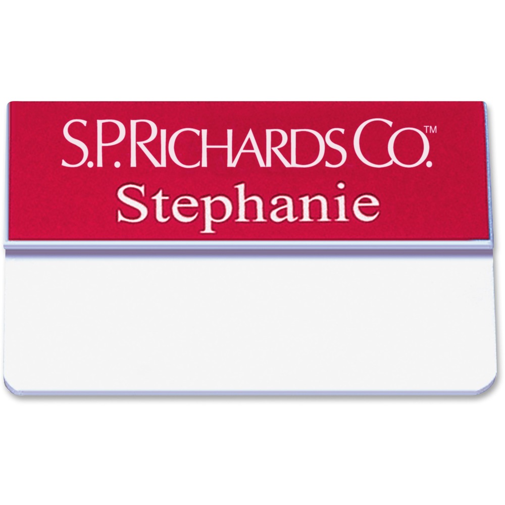 XSTJ41 - Keep your shirts undamaged and pinned free with this pocket name badge. It offers a clean, neat way to display your name. The pocket badge slips over the pocket and holds itself in place. Badge measures 3/4" x 3". Customize with a maximum of two lines and your choice of more than 35 fonts and 20 varieties of plate colors. The large size allows room for a logo. Badge is made of high-grade, durable plastic.