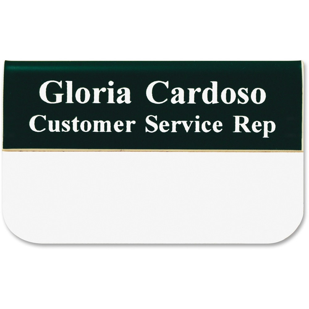 XSTJ43 - Keep your shirts undamaged and pinned free with this pocket name badge. It offers a clean, neat way to display your name. Badge measures 1-1/2" x 3". Customize with a maximum of two lines and your choice of more than 35 fonts and 20 varieties of plate colors. The large size allows room for a logo. Badge is made of high-grade, durable plastic.