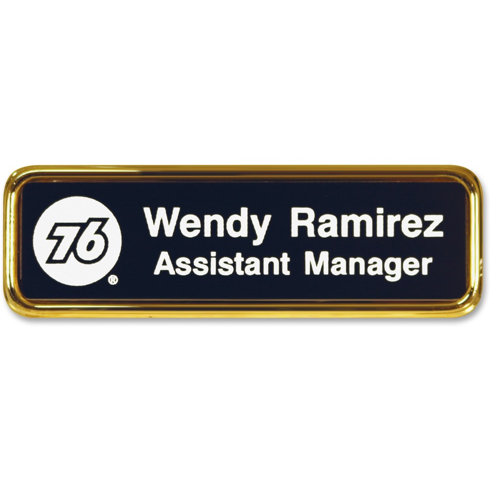 XSTJ62 - Framed name badge offers a clean, neat way to display your name. Gold-colored border frames your name for an elegant look. Badge measures 1" x 3". Large size allows room for a logo. Customize with a maximum of two lines and your choice of more than 35 fonts and 20 varieties of sign colors. Badge is made of high-grade, durable plastic.