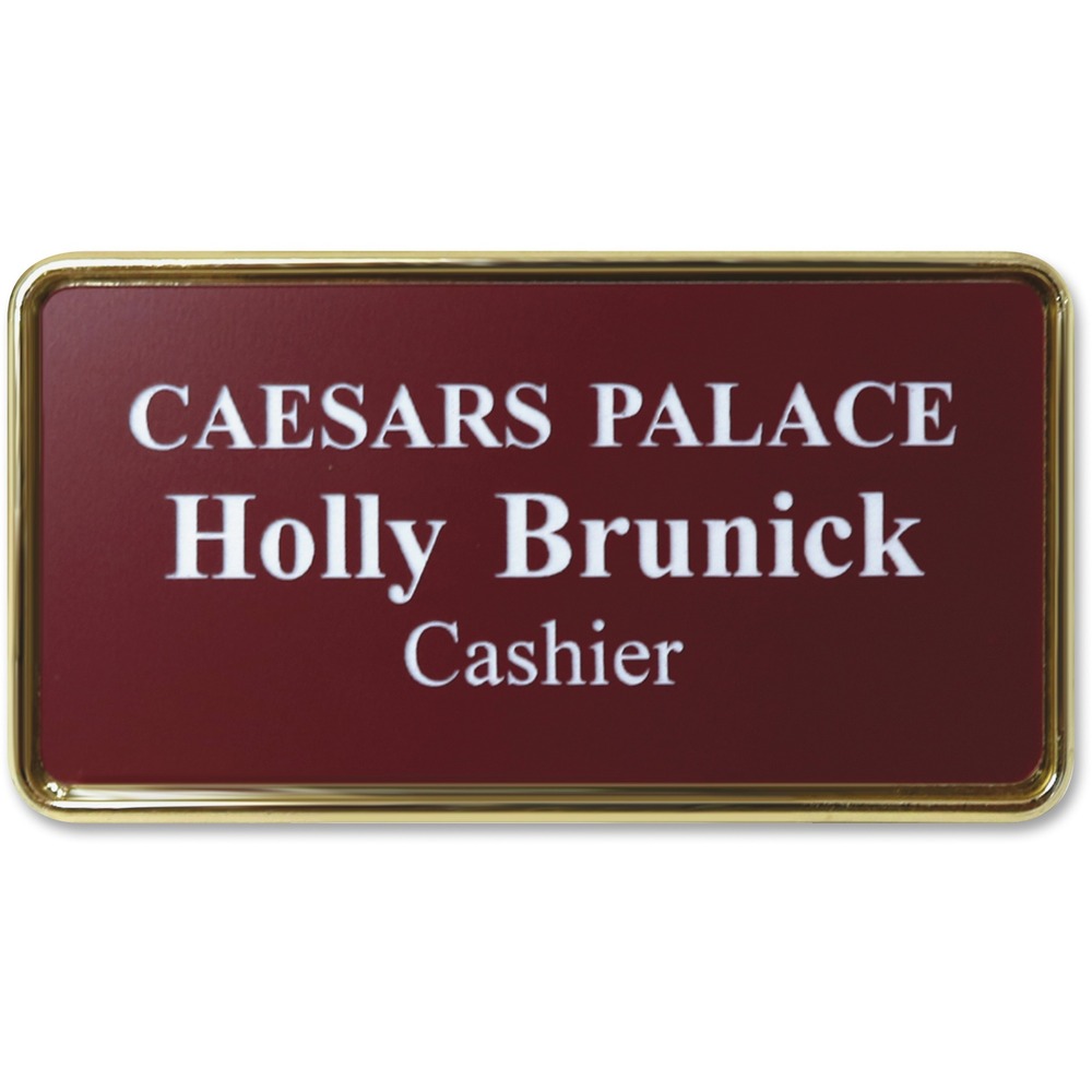 XSTJ65 - Framed name badge offers a clean, neat way to display your name. Gold-colored border frames your name for an elegant look. Badge measures 1-1/2" x 3". Customize with a maximum of two lines and your choice of more than 35 fonts and 20 varieties of sign colors. Badge is made of high-grade, durable plastic.