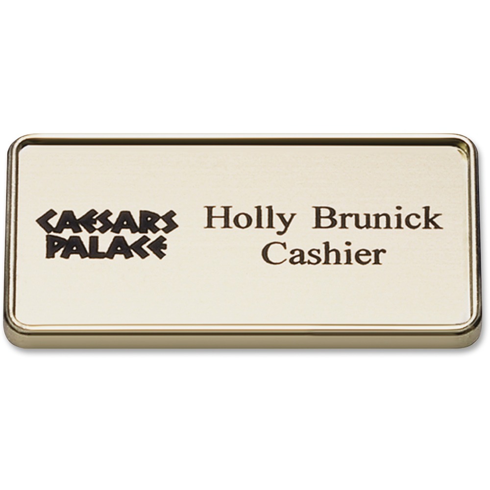 XSTJ67 - Framed name badge offers a clean, neat way to display your name. Gold-colored border frames your name for an elegant look. Badge measures 1-1/2" x 3". Large size allows rooms for a logo. Customize with a maximum of two lines and your choice of more than 35 fonts and 20 varieties of sign colors. Badge is made of high-grade, durable plastic.