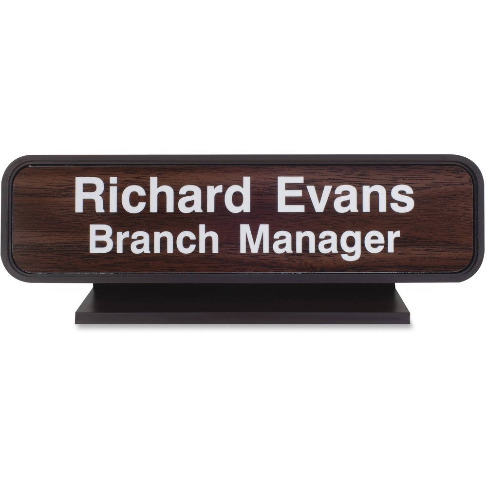 XSTK23 - Designer desk sign is perfect for any front counter or office desk in offices, courthouses, schools and warehouses. High-quality plastic desk sign with rounded corners has been engineered as a quality interior sign system and features a distinctive professional look that matches any modern office environment. Choose from more than 35 fonts and more than 30 plastic insert colors. Contact customer service to customize your desk sign.