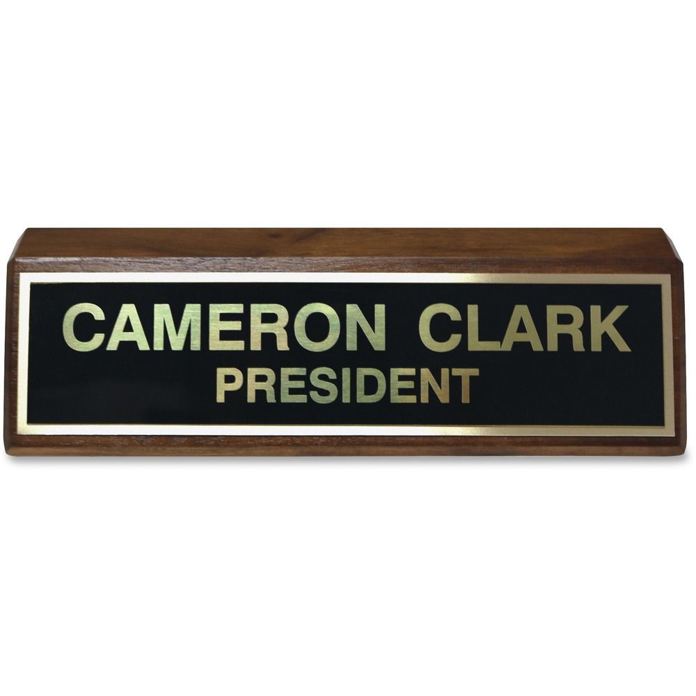 XSTK86 - Display your name or important message in style with this black brass nameplate on wood. Wood is large enough to double as a paperweight. Choose from more than 35 fonts and more than 30 plastic plate colors. Contact customer service to customize your 2" x 8" desk sign.