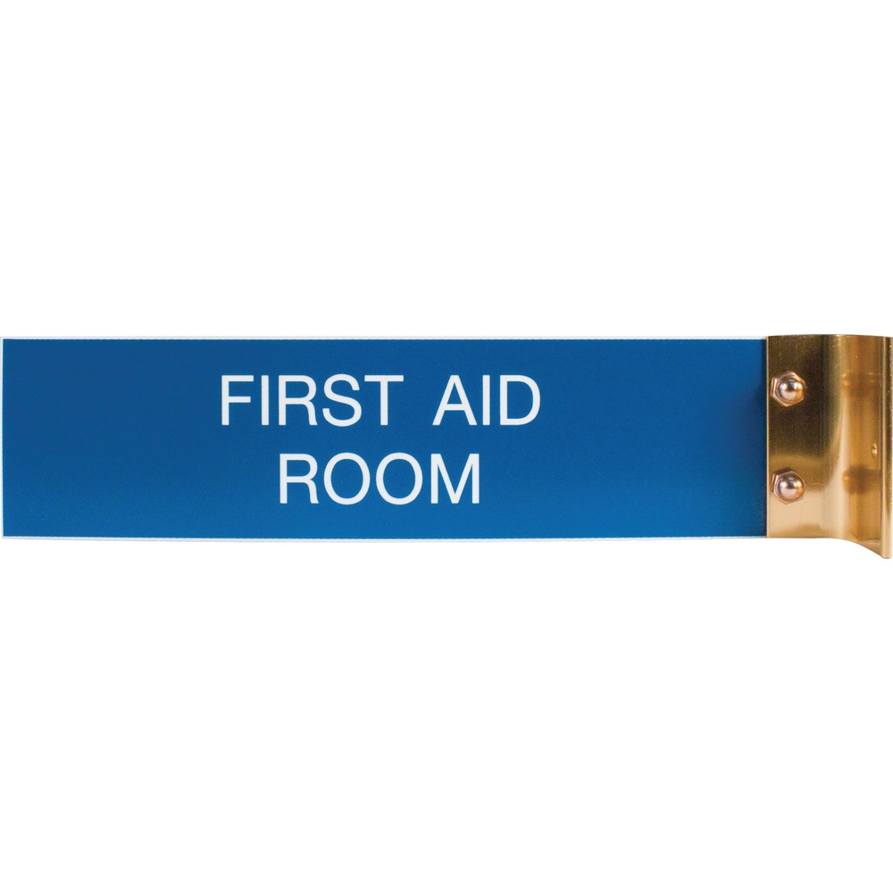 XSTW40 - Corridor sign with gold-colored aluminum frame can identify a room or display significant message. Double-sided design mounts perpendicular to the wall for easy viewing. Choose from more than 35 fonts and more than 30 plastic insert colors. Contact customer service to customize your anodized aluminum sign.