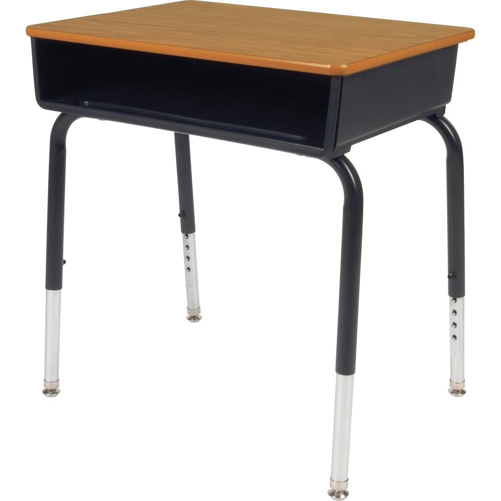 LLR99893 - Adjustable-height Student Desks with box feature a worksurface that adjusts in height from 22" to 30" to accommodate use in many grade levels. The open front of the black book box made of durable plastic offers easy access to stored school supplies. Both desks are topped with matching, Medium Oak writing surfaces.