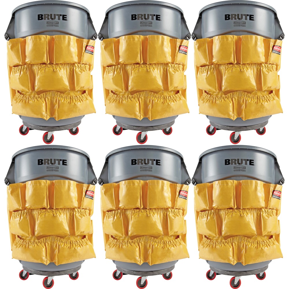 RCP264200YWCT - Caddy Bag provides storage for everything from wet floor signs to spray bottles to extra can liners and all the other cleaning supplies needed for on-the-go cleaning. It securely attaches around Rubbermaid Brute round containers. 12 pockets of various sizes accommodate most cleaning supplies. Durable, nylon-reinforced vinyl is strong and easy to keep clean.