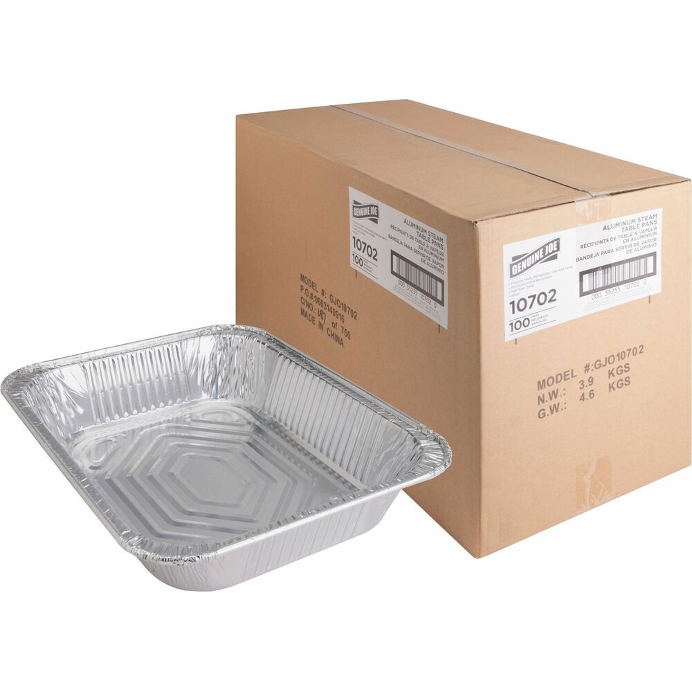 GJO10702 - Aluminum pan combines the strength and durability of aluminum foil to safely accommodate hot or cold foods. Its multipurpose design lets you prepare, heat, refrigerate, ship and serve in the same pan for a quick, easy way to prepare your meals. Disposable material allows virtually immediate cleanup after each use. Half-size pan is perfect for company events, catering, carryout meals and more.