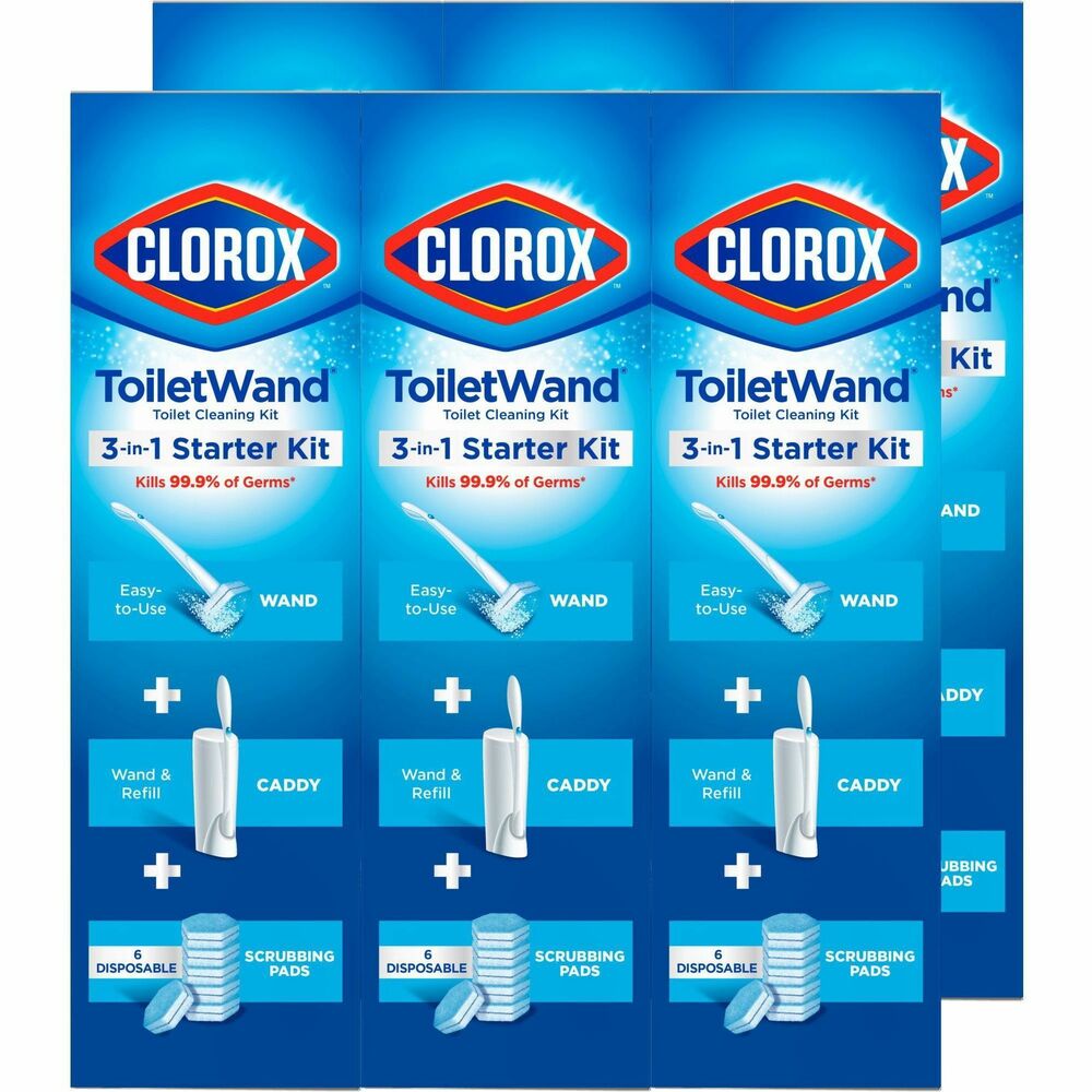 CLO03191CT - Clorox ToiletWand is an easy-to-use, all-in-one system that makes the dreaded toilet cleaning experience a breeze. Starter kit contains one wand with a long handle to help you clean from a distance, six disposable scrubbing pads preloaded with cleaner and one caddy to conveniently store scrubbing pad refills. Each disposable scrubbing pad is preloaded with Clorox Cleaner that kills 99.9 percent of germs when used as directed. Scrubbing pads power through hard water and lime stains two times faster than when using a toilet brush with manual toilet bowl cleaner. Never touch an icky toilet brush again: disposable scrubbing pads conveniently pop off into the trash so you can toss the mess every time.