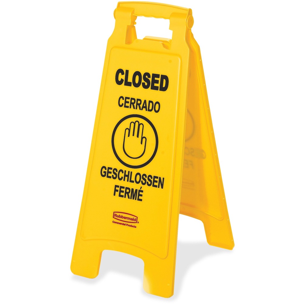 RCP611278YWCT - Lightweight, versatile floor sign makes a heavy statement about safety. Closed warning message on the two-sided sign is imprinted in English, French and Spanish for effective communication to broad audiences. Floor sign works well in narrow areas. Flexible locking-style hanger makes sign stationary and visible from all directions. Folding design allows convenient storage or transport on a janitor cart (sold separately). Durable plastic construction will not rust, corrode or fade. Two-sided, bright-yellow design meets OSHA requirements. ANSI compliant multilingual graphics warn of nearby hazardous area.