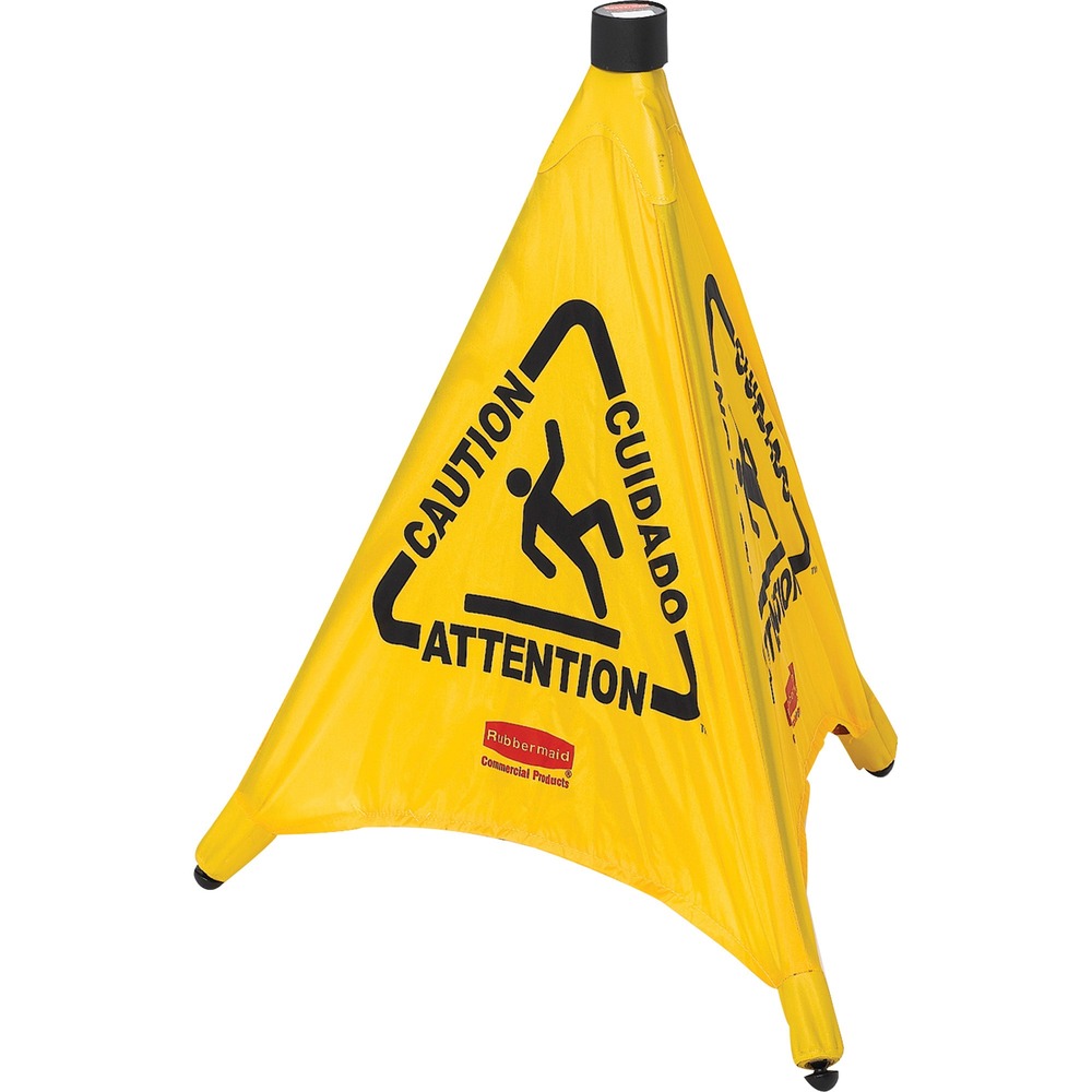 RCP9S0000YWCT - Pop-up safety cone automatically deploys and folds compactly when not in use. Three-sided, multilingual caution sign and the wet floor symbols warn passersby of danger. Top of cone offers label space for location assignment. Included, shatterproof storage tube mounts to the wall for easy, compact storing. Mounting hardware (tape and screws) is also included. Durable material withstands rough handling. Color and graphics are ANSI and OSHA compliant.