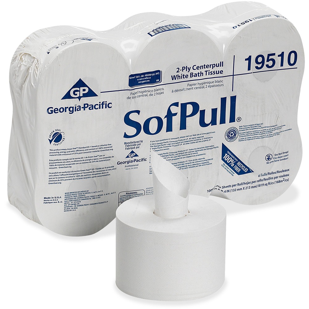 GPC19510 - SofPull Tissue puts a smart new spin on bath tissue with one-sheet-at-a-time dispensing. Say goodbye to loose jumbo rolls spinning out of control. SofPull Tissue makes it simple to take just the right amount of tissue. This two-ply, perforated, quality bath tissue is soft and thick when compared to jumbo bath tissue. It also offers a larger, more generous sheet size. SofPull Tissue meets or exceeds EPA Comprehensive Procurement Guidelines. SofPull Tissue used with SofPull Dispensers is the solution that helps reduce costs and waste while improving hygiene all just one pull.