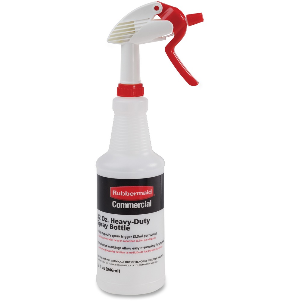 RCP9C03060000CT - Spray bottle with trigger makes cleaning easier and more effective. Heavy-duty plastic construction is perfect for commercial cleaning fluids. High-capacity spray trigger disperses approximately 3.3 ml per spray. Graduated markings allow easy measuring.