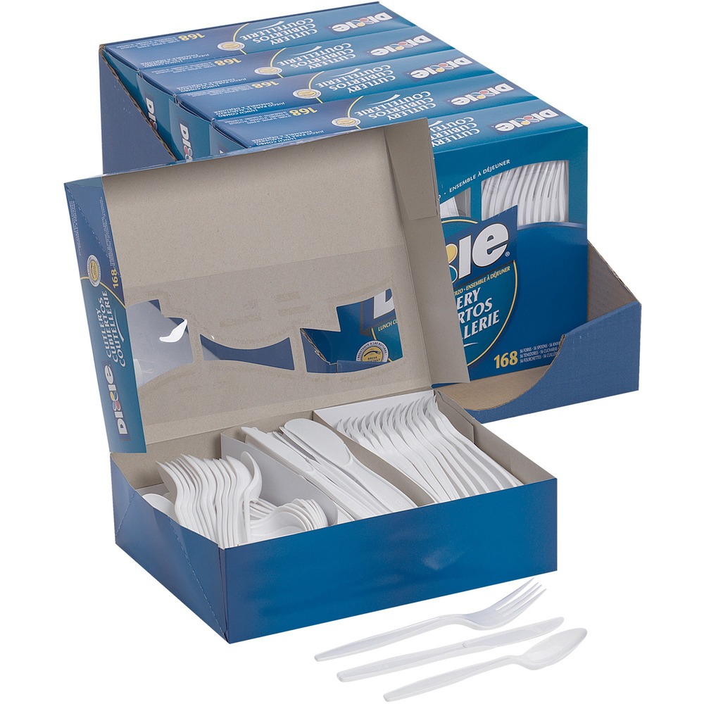 DXECM168CT - A mix of heavy-duty plastic cutlery comes in a convenient box that is resealable for sanitation and storage. Each box of heavyweight plastic cutlery includes 56 each of forks, knives and spoons.