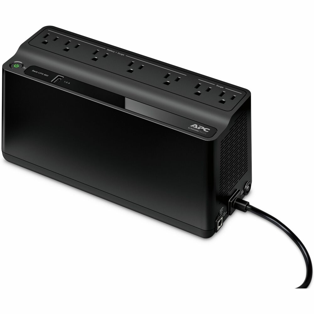 APWBE600M1 - This APC Back-UPS offers power and surge protection for wireless networks, computers, gaming consoles and other electronics in your home or business. The 600VA floor/wall mount UPS has 7 total outlets, 5 of which are battery back up and surge protection, and 2 that are surge protection only. It has a surge energy rating of  490 Joules. It has one USB port for smart charging of personal devices. This battery backup is designed to power wireless home networking devices (router and modem) for hours during utility outages so you can stay connected and productive. Connect and charge mobile devices via the 1 USB port provides a maximum of 1.5A . The USB port will provide power when the UPS is both on utility and battery power. This computer backup offers lifetime guaranteed surge protection with a $75,000 equipment protection policy. The side of this 600VA UPS includes 2 keyhole sockets to easily mount the battery backup on a wall in hard to reach installations. The outlets are arranged with spaces to accommodate both average sized power plugs and transformer block power plugs. This UPS has a 3-year warranty and CE product certification. It is compatible with a dedicated user-replaceable battery, and the APC replacement battery cartridge helps restore UPS performance to the original specifications. Package Contains UPS, user manual More from the Manufacturer