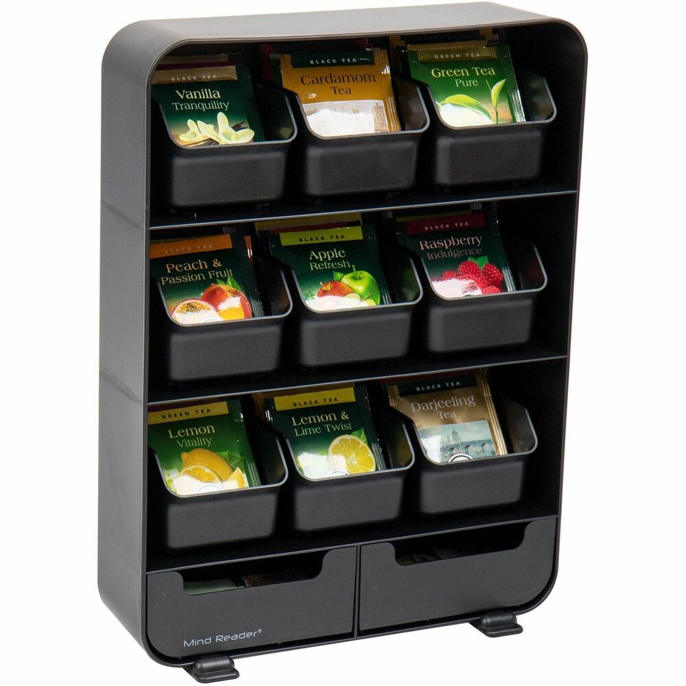 EMSTBORGBLK - Tea organizer is both pretty and practical with a drawer to hold your favorite condiments and accessories. Nine drawers hold your favorite tea bag flavors with drop-down fronts so you can easily see the labels on the tea pouches. Each drawer holds up to 15 tea bags. Easily slide and remove each drawer for easy access and easy cleaning. The bottom level offers shallow drawer storage for condiments and tea accessories. Legs are included to secure unit from tipping. Bottom rubber grippers keep unit in place. Lightweight organizer allows easy versatility when entertaining. Shiny black plastic fits into any modern home or office.