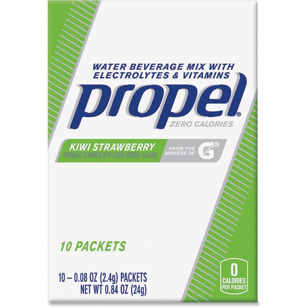 QKR01088 - Give your workout a boost of fruit flavor with Propel Powder Pack with delicious kiwi-strawberry flavor and zero calories. Convenient, individual packets contain the same level of electrolytes as Propel unflavored water plus Vitamin C and Vitamin E. They have enough electrolytes to replace what you put out and keep you moving. Simple pour powder into your water, mix and drink to refresh yourself.