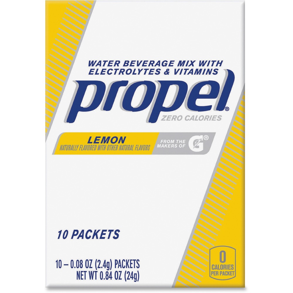 QKR01090 - Give your workout a boost of fruit flavor with Propel Powder Pack with delicious lemon flavor and zero calories. Convenient, individual packets contain the same level of electrolytes as Propel unflavored water plus Vitamin C and Vitamin E. They have enough electrolytes to replace what you put out and keep you moving. Simple pour powder into your water, mix and drink to refresh yourself.