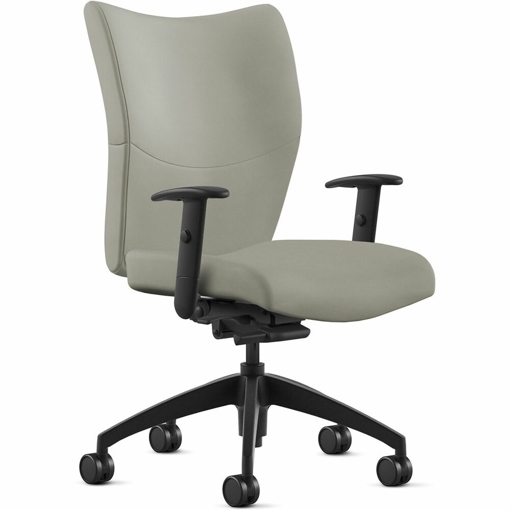 NTF2360Y2A8BL03 - Bristol Mid Back Task Chair provides a classy, professional touch to any space with its leather-upholstered, ergonomic design. Highly resilient, molded foam with a detailed, upholstered treatment creates optimized comfort and seamless support for your workflow. Black, height-adjustable arms allow you to sit in a relaxed, comfortable position catered to your height preference. Pneumatic-cylinder height adjustment lets you customize height for an enhanced experience. Chair also features a four-position tilt lock, side knob tension adjustment, 2:1 back-to-seat tilt ratio and 360-degree swivel. Five-star base with reinforced inner structure for durability provides smooth mobility. Chair is Greenguard certified to produce low chemical emissions. Maximum weight limit is 250 lb.