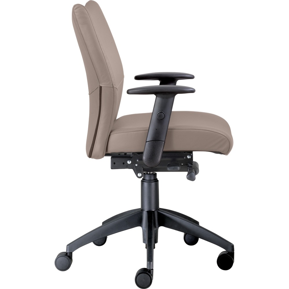 NTF2360Y2A8BL05 - Bristol Mid Back Task Chair provides a classy, professional touch to any space with its leather-upholstered, ergonomic design. Highly resilient, molded foam with a detailed, upholstered treatment creates optimized comfort and seamless support for your workflow. Black, height-adjustable arms allow you to sit in a relaxed, comfortable position catered to your height preference. Pneumatic-cylinder height adjustment lets you customize height for an enhanced experience. Chair also features a four-position tilt lock, side knob tension adjustment, 2:1 back-to-seat tilt ratio and 360-degree swivel. Five-star base with reinforced inner structure for durability provides smooth mobility. Chair is Greenguard certified to produce low chemical emissions. Maximum weight limit is 250 lb.