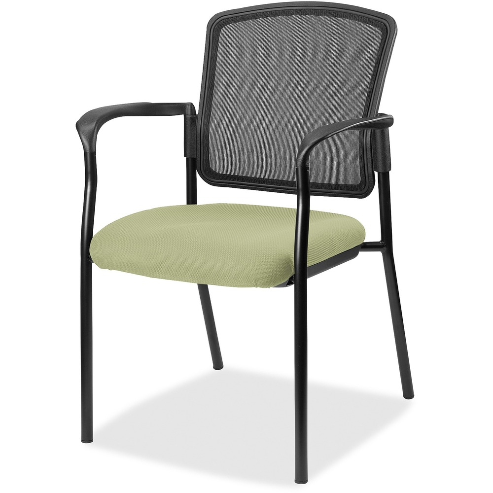LLR23100069 - Inviting guest chair features a breathable mesh back and cushioned seat upholstered for comfortable seating in your waiting room or office. Chair is stackable up to four high for convenient, short-term or long-term storage. Black steel frame is powder-coated for durability. Weight capacity is 275 lb. The 3.5" thick seat measures 18.1" wide x 18.9" deep x 18.9" high. Back size 17.9" wide x 2" thick x 16.9" high. Chair is Greenguard compliant.