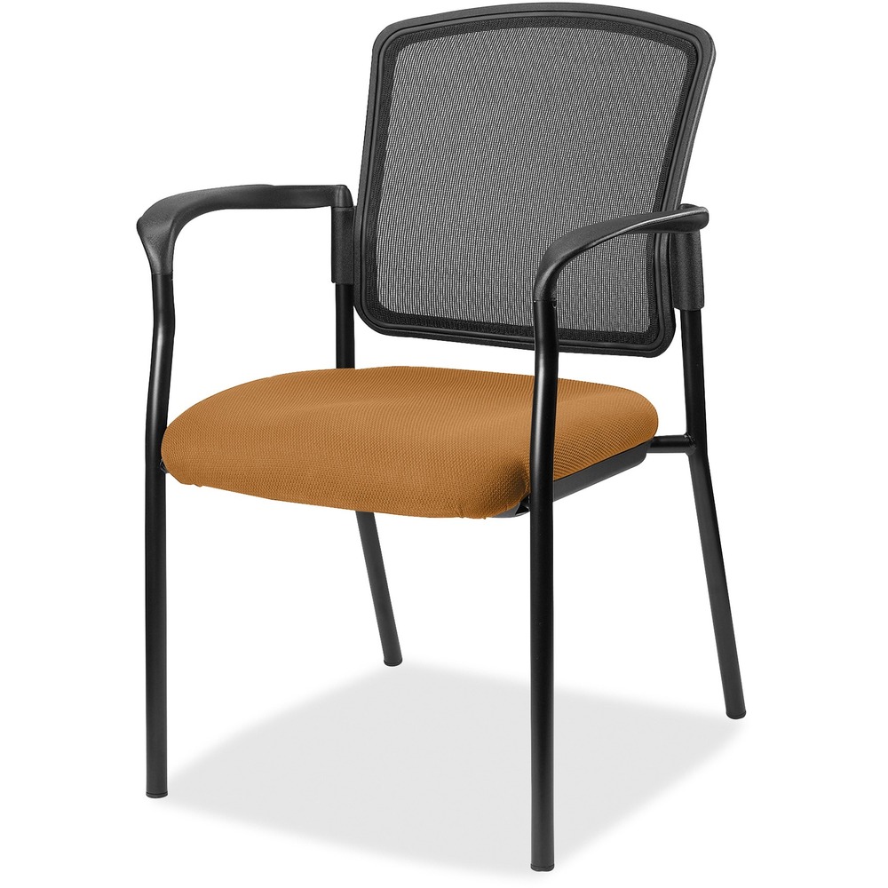 LLR23100073 - Inviting guest chair features a breathable mesh back and cushioned seat upholstered for comfortable seating in your waiting room or office. Chair is stackable up to four high for convenient, short-term or long-term storage. Black steel frame is powder-coated for durability. Weight capacity is 275 lb. The 3.5" thick seat measures 18.1" wide x 18.9" deep x 18.9" high. Back size 17.9" wide x 2" thick x 16.9" high. Chair is Greenguard compliant.