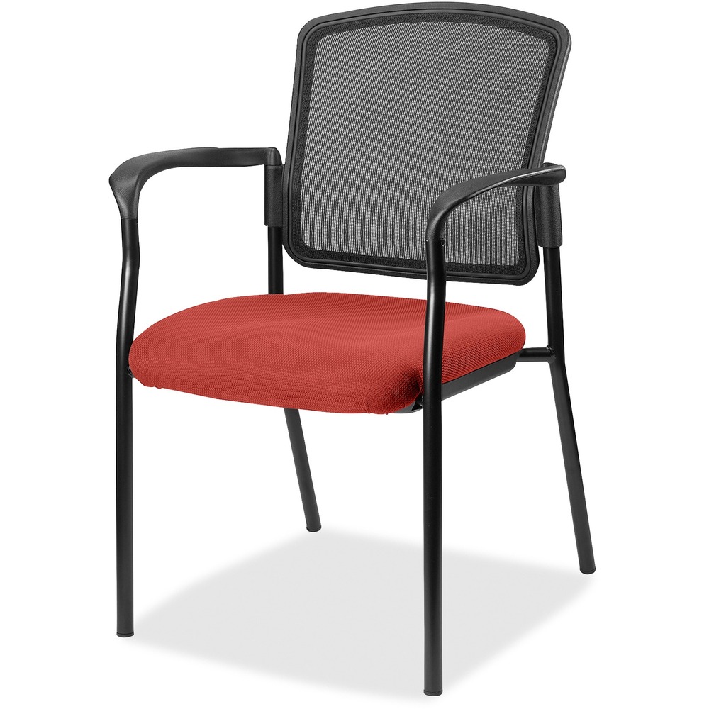 LLR23100075 - Inviting guest chair features a breathable mesh back and cushioned seat upholstered for comfortable seating in your waiting room or office. Chair is stackable up to four high for convenient, short-term or long-term storage. Black steel frame is powder-coated for durability. Weight capacity is 275 lb. The 3.5" thick seat measures 18.1" wide x 18.9" deep x 18.9" high. Back size 17.9" wide x 2" thick x 16.9" high. Chair is Greenguard compliant.