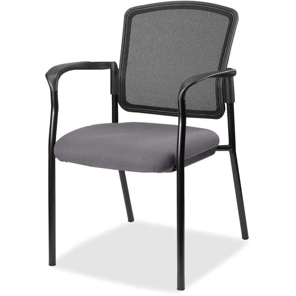 LLR23100101 - Inviting guest chair features a breathable mesh back and cushioned seat upholstered in Canyon Vinyl for comfortable seating in your waiting room or office. Antimicrobial vinyl seat protects the upholstery from germs and prolong its life. Chair is stackable up to four high for convenient, short-term or long-term storage. Black steel frame is powder-coated for durability. Weight capacity is 275 lb. Back size 18-1/2" wide x 2" thick x 13-1/2" high. Chair is Greenguard compliant.