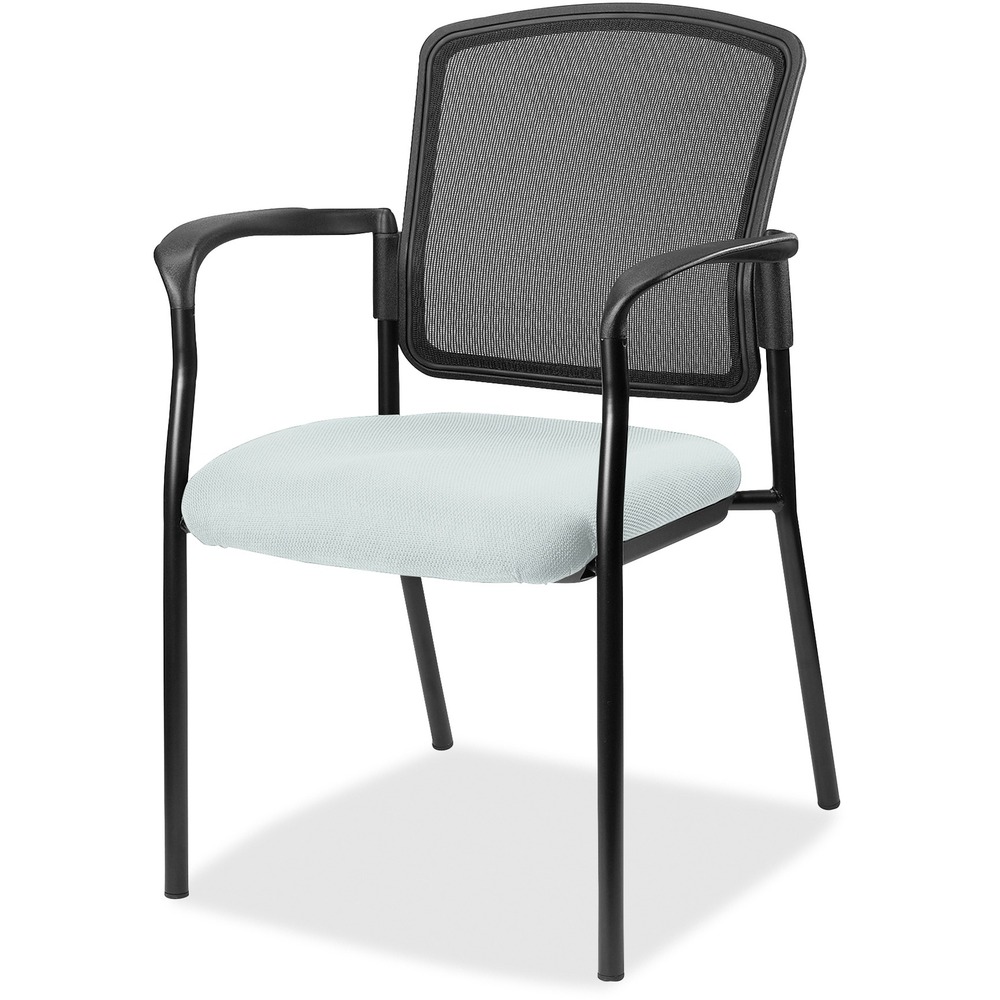LLR23100102 - Inviting guest chair features a breathable mesh back and cushioned seat upholstered in Castillo Vinyl for comfortable seating in your waiting room or office. Chair is stackable up to four high for convenient, short-term or long-term storage. Black steel frame is powder-coated for durability. Weight capacity is 275 lb. The 3.5" thick seat measures 18.1" wide x 18.9" deep x 18.9" high. Back size 17.9" wide x 2" thick x 16.9" high. Chair is Greenguard compliant.