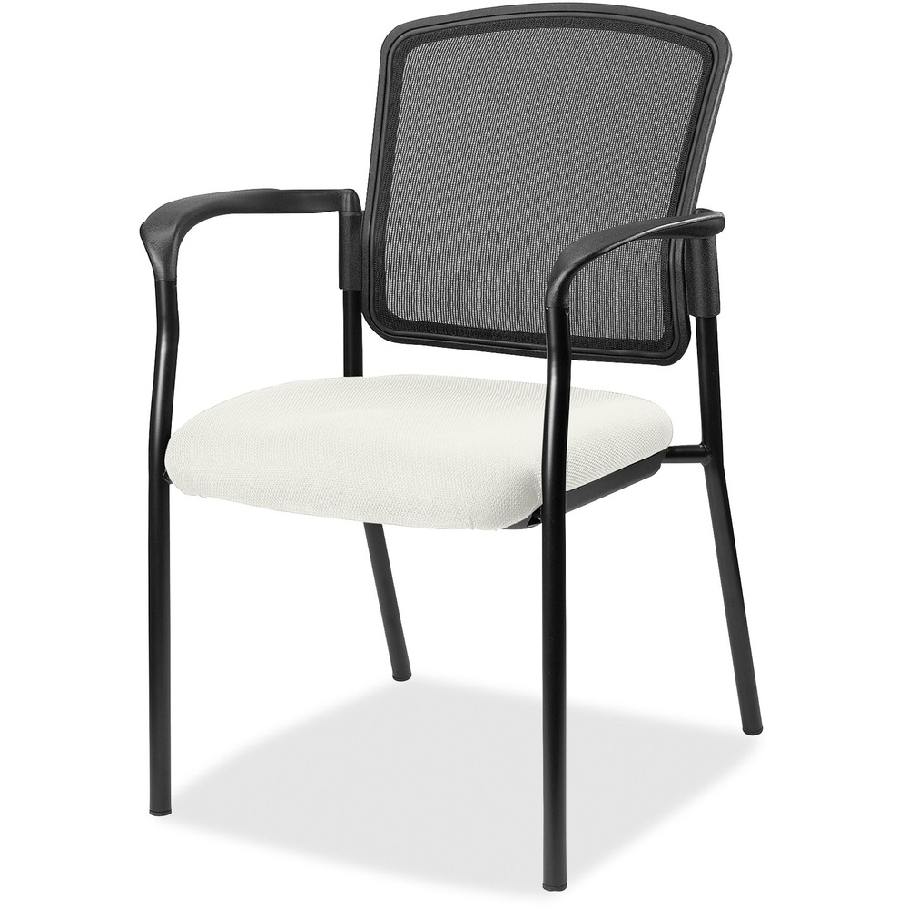 LLR23100103 - Inviting guest chair features a breathable mesh back and cushioned seat upholstered in Dillon Vinyl for comfortable seating in your waiting room or office. Antimicrobial vinyl seat protects the upholstery from germs and prolong its life. Chair is stackable up to four high for convenient, short-term or long-term storage. Black steel frame is powder-coated for durability. Weight capacity is 275 lb. The 3.5" thick seat measures 18.1" wide x 18.9" deep x 18.9" high. Back size 17.9" wide x 2" thick x 16.9" high. Chair is Greenguard compliant.