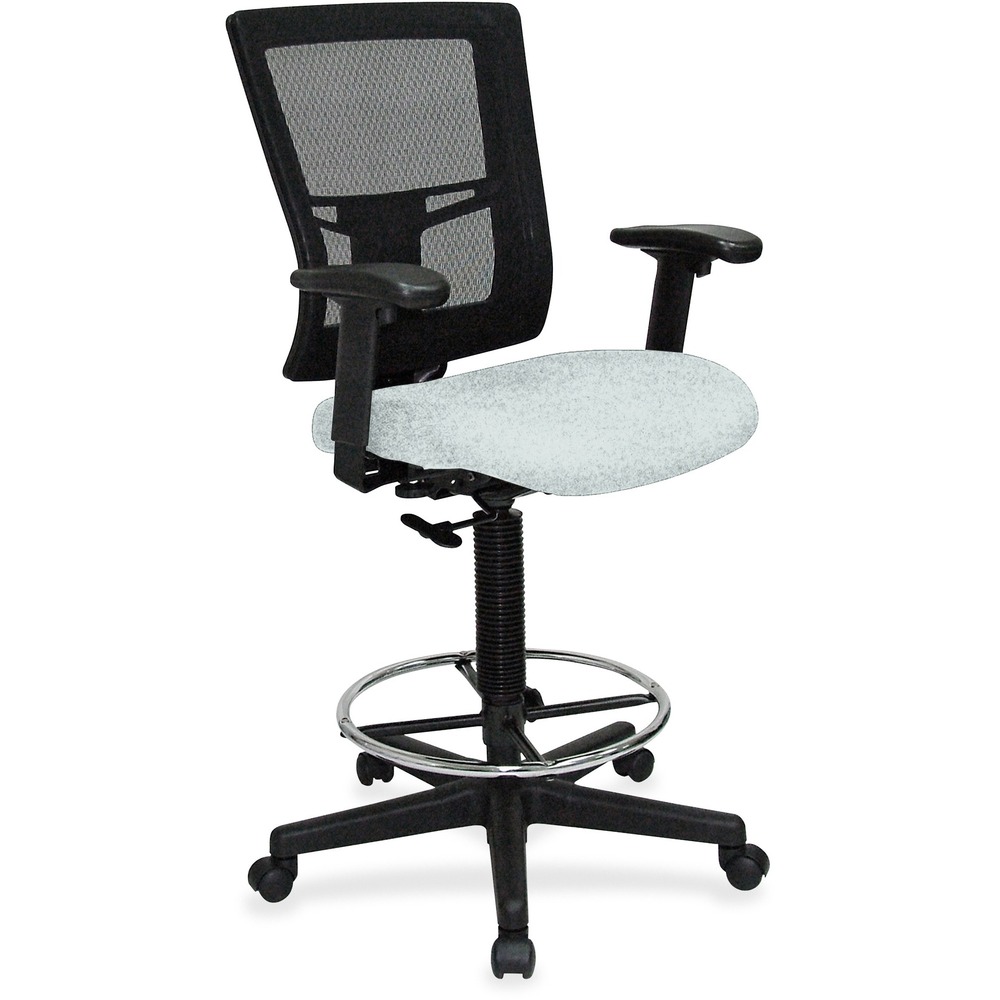 LLR43100102 - Drafting stool offers a breathable mesh back and vinyl-upholstered, cushioned seat to enhance your comfort. Padded arms adjust in height and width for a position that suits your needs. Rest your feet on the chrome footring. Functions include pneumatic seat-height adjustment, ratchet back-height adjustment and 360-degree swivel. Black, five-star nylon base is equipped with smooth-rolling casters for easy mobility. Weight capacity is 275 lb. Mid-back chair meets or exceeds BIFMA standards.