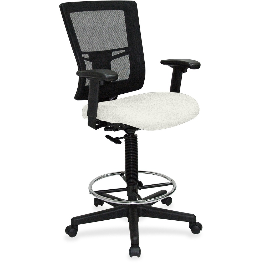 LLR43100103 - Drafting stool offers a breathable mesh back and vinyl-upholstered, cushioned seat to enhance your comfort. Padded arms adjust in height and width for a position that suits your needs. Rest your feet on the chrome footring. Functions include pneumatic seat-height adjustment, ratchet back-height adjustment and 360-degree swivel. Black, five-star nylon base is equipped with smooth-rolling casters for easy mobility. Weight capacity is 275 lb. Mid-back chair meets or exceeds BIFMA standards.
